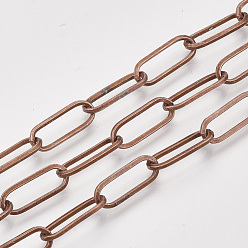 Red Copper Unwelded Iron Paperclip Chains, Flat Oval, Drawn Elongated Cable Chains, with Spool, Red Copper, 16x7x1.6mm, about 82.02 Feet(25m)/roll