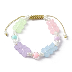 Colorful Adjustable Acrylic Bear & Glass Pearl Braided Bead Bracelets, Colorful, Inner Diameter: 1-7/8~2-7/8 inch(4.7~7.4cm)