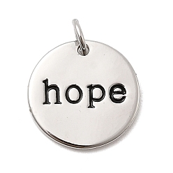 Черный Латунь эмаль подвески, плоские круглые со словом надежды, стойки покрытие, долговечный, без кадмия и без свинца, платина, с целью перехода в кольце, чёрные, 15x1.5 мм, отверстие : 3 мм