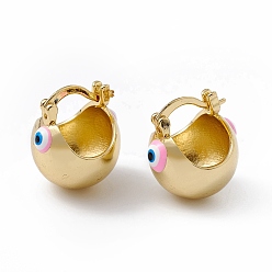 Pearl Pink Brass Enamel Evil Eye Half Hoop Earrings, Real 18K Gold Plated Chubby Hoop Earrings for Women Girls, Pearl Pink, 20x17.5x15.5mm, Pin: 1mm