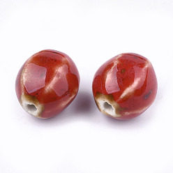 Red Handmade Porcelain Beads, Fancy Antique Glazed Porcelain, Oval, Red, 15.5~16x14.5~15x13~13.5mm, Hole: 2mm