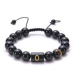 O Natural Black Agate Beaded Bracelet Adjustable Women's Handmade Alphabet Stone Strand Jewelry