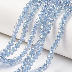 Light Sky Blue Electroplate Transparent Glass Beads Strands, Full Rainbow Plated, Faceted, Rondelle, Light Sky Blue, 4x3mm, Hole: 0.4mm, about 123~127pcs/strand, 16.5~16.9 inch(42~43cm)