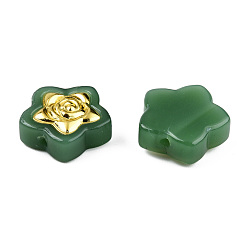Green Imitation Jade Spray Painted Glass Beads, with Golden Plated Brass Findings, Star with Flower, Green, 14x14.5x5.5mm, Hole: 1mm