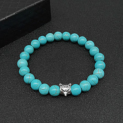 Fox Bracelets extensibles turquoise synthétique pour femmes et hommes, avec des perles en alliage d'animaux de style tibétain, fox, pas de taille