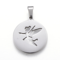 Stainless Steel Color 304 Stainless Steel Pendants, Cut-Out, Flat Round with Fairy, Stainless Steel Color, 25x22x1.2mm, Hole: 4x7.5mm