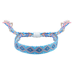 Deep Sky Blue Rhombus Polyester Braided Cord Bracelet, Ethnic Tribal Adjustable Bohemia Bracelet, Deep Sky Blue, 7-1/8 inch(18cm)