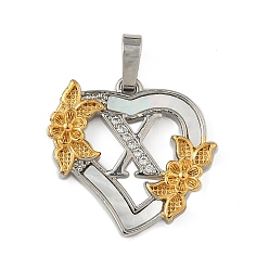 Letter X Латунь микропаве фианиты с подвесками-ракушками, Сердце и письмо, долговечный, без свинца и без кадмия, стойки покрытие, Письмо X, 20x20.5x3 мм, отверстие : 3.5x5 мм