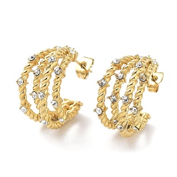 Crystal Real 18K Gold Plated 304 Stainless Steel Stud Earrings with Rhinestone, Split Earrings, Half Hoop Earrings, Crystal, 22x10.5mm