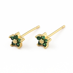 Green Cubic Zirconia Flower Stud Earrings, Real 18K Gold Plated Brass Jewelry for Women, Cadmium Free & Lead Free, Green, 15x5x5mm, Pin: 0.7mm