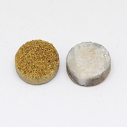 Gold Electroplate Natural Druzy Crystal Cabochons, Flat Round, Dyed, Gold, 10x3~6mm