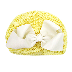 Champagne Yellow Handmade Crochet Baby Beanie Costume Photography Props, with Grosgrain Bowknot, Champagne Yellow, 180mm