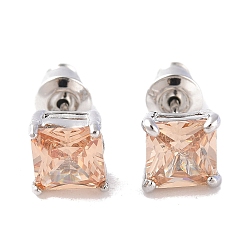 Персиковый Слойка Серьги-гвоздики из латуни с микропаве из кубического циркония, долговечный, квадратный, платина, розовые, 6.5x6.5 мм