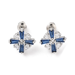 Королевский синий Серьги-гвоздики из латуни с микропаве из кубического циркония, долговечный, цветок, платина, королевский синий, 13.5x14 мм