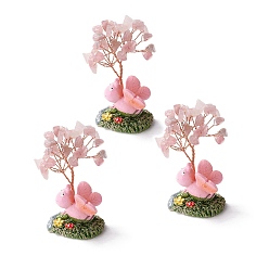 Rose Quartz Natural Rose Quartz Chips & Resin Pedestal Display Decorations, with Brass Finding, Tree, 71~74x49~53x32~34mm