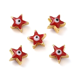 Dark Red Golden Tone Brass Enamel Beads, Cadmium Free & Lead Free, Long-Lasting Plated, Star with Evil Eye, Dark Red, 8x8x5mm, Hole: 1.4mm