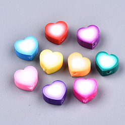 Mixed Color Handmade Polymer Clay Beads, Heart, Mixed Color, 9.5x10x5mm, Hole: 2mm
