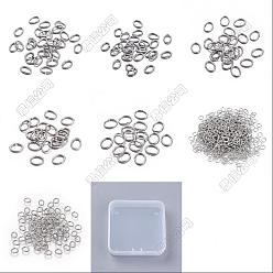 Couleur Acier Inoxydable 1050pcs 7 styles 304 anneaux de jonction en acier inoxydable, Anneaux ouverts, ovale, couleur inox, Jauge 20~26, 3~6x2~5x0.4~0.8mm, diamètre intérieur: 1~4.7 mm, 150 pcs / style
