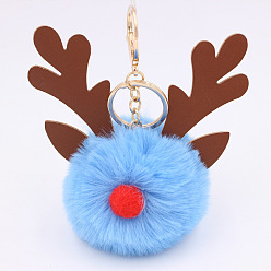 Light Sky Blue Christmas Deer Antler Pom-Pom Keychain with Plush Elk Charm for Women's Handbag Gift