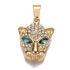 Golden 316 Surgical Stainless Steel Pendants, Leopard Head, with Rhinestones, Golden, 35x27x12mm, Hole: 7x10mm