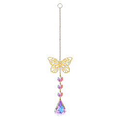 Butterfly Glass Pendant Decorations, Suncatchers, with Brass Findings & Octagon Glass Beads, for Home Decorations, Butterfly Pattern, 300mm
