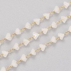 Floral White Handmade Faceted Triangle Glass Beaded Chains, with Ion Plating(IP) 
Stainless Steel Curb Chains, Soldered, with Spool, Floral White, 3.5~4x4~4.5x3mm