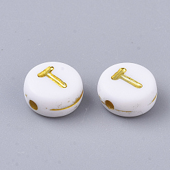 Letter T Plating Acrylic Beads, Golden Metal Enlaced, Horizontal Hole, Flat Round with Alphabet, White, Letter.T, 7x3.5mm, Hole: 1.2mm, about 3600pcs/500g