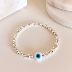 Платина Латунные круглые бусины эластичные браслеты для женщин, злые глаза, платина, 6-7/8 дюйм (17.5 см)