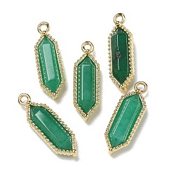 Белый Нефрит Окрашенный натуральный белый нефрит ограненные двухконечные заостренные подвески, покрытие стойки латунные шестигранные подвески, золотые, зелёные, 21~22x6.5~7x4.5 мм, отверстие : 1.4 мм