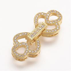 Golden Brass Micro Pave Cubic Zirconia Fold Over Clasps, Flower, Golden, 28x12x5mm, Hole: 1mm
