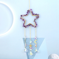 Amethyst Glass & Brass Star Pendant Decorations, Suncatchers, Rainbow Maker, with Chips Amethyst, for Home Decoration, 520mm