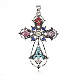 Colorful Alloy Latin Cross Clenched Large Gothic Big Pendants, with Rhinestones, Colorful, 53x37x4mm, Hole: 4x7mm