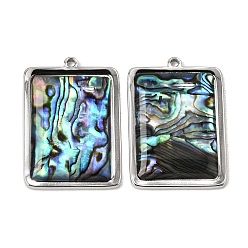 Rectangle 304 Pendentifs en acier inoxydable et nacre d'ormeau naturelle, couleur inox, charme rectangle, 36x25.5x4.5mm, Trou: 1.8mm