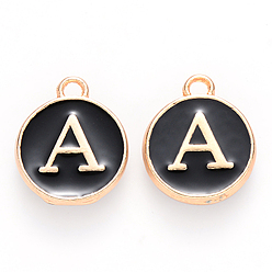 Letter A Golden Plated Alloy Charms, Cadmium Free & Lead Free, with Enamel, Enamelled Sequins, Flat Round with Letter, Black, Letter.A, 14x12x2mm, Hole: 1.5mm