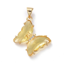 Pale Goldenrod Brass Micro Pave Clear Cubic Zirconia Pendants, with Glass, Butterfly, Golden, Pale Goldenrod, 24x21.5x4mm