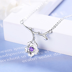 Silver Purple Diamond Flower Necklace Sweet Lock Chain Diamond Inlaid Neck Chain Female Jewelry Necklace.