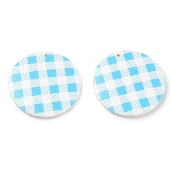 Deep Sky Blue Schima Wood Double-faced Printed Pendants, Flat Round with Tartan Pattern Charms, Deep Sky Blue, 39.5~40x5~5.5mm, Hole: 1.6mm