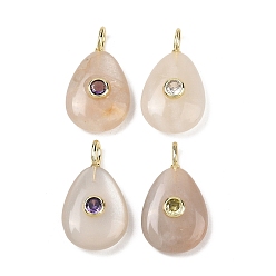 Grey Moonstone Подвески из натурального серого лунного камня, подвески в форме слезы с латунной микропаве с кубическими цирконами разных цветов, золотые, 26x15x5.5~7 мм, отверстие : 2 мм