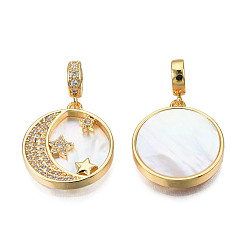 Creamy White Brass Micro Pave Clear Cubic Zirconia Pendants, with Natural Shell, Real 18K Gold Plated, Nickel Free, Flat Round with Moon & Star, Creamy White, 18x16x2.5mm, Hole: 4mm