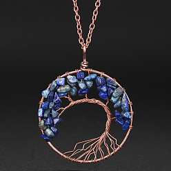 Lapis Lazuli Natural Lapis Lazuli Chip Tree of Life Pendant Necklaces, Alloy Cable Chain Necklace for Women, 20-7/8 inch(53cm)