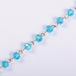 Sky Blue Handmade Rondelle Glass Beads Chains for Necklaces Bracelets Making, with Platinum Iron Eye Pin, Unwelded, Sky Blue, 39.3 inch, Beads: 6x4.5mm