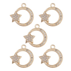Light Gold Литые стразами подвески, кольцо с подвесками в виде звезд, золотой свет, 20x20x1.5 мм, отверстие : 1.8 мм