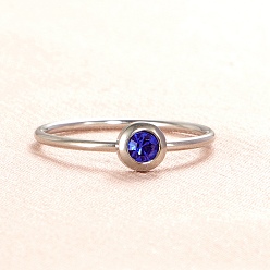 Medium Blue Glass Flat Round Finger Ring, Stainless Steel Color Stainless Steel Ring, Medium Blue, Inner Diameter: 18.2mm