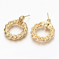 Real 18K Gold Plated Brass Dangle Stud Earring, Twist Ring, Nickel Free, Real 18K Gold Plated, 29.5x24mm, Pin: 0.7mm