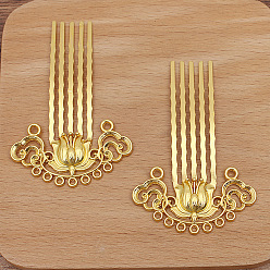 Golden Flower Alloy Hair Comb Findings, with Iron Comb and Loop, Golden, 61x38mm