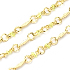 Real 18K Gold Plated Rack Plating Brass Rhombus & Ring Link Chains, with Yellow Green Glass Beaded, Unwelded, with Spool, Lead Free & Cadmium Free, Real 18K Gold Plated, 6x1mm, 13x3x3mm, 10x2.5mm
