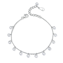 Platinum Rhodium Plated 925 Sterling Silver Cubic Zirconia Charm Bracelets, Cable Chains Bracelets for Women, Platinum, 5-1/2 inch(14cm)
