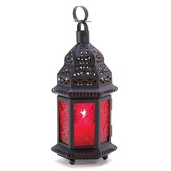 Red Vintage Moroccan Decor Lanterns Hollow Windproof Iron Candle Holder, for Wedding Home Decoration Ramadan Gift, Red, 11x10x22cm