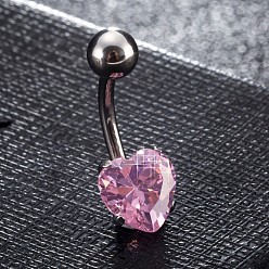 Pearl Pink Piercing Jewelry, Brass Cubic Zirconia Navel Ring, Belly Rings, with 304 Stainless Steel Bar, Lead Free & Cadmium Free, Heart, Platinum, Pearl Pink, 20x8mm, Bar: 15 Gauge(1.5mm), Bar Length: 3/8"(10mm)