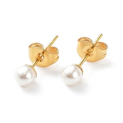 Golden Plastic Imitation Pearl Stud Earrings, with 304 Stainless Steel Pins and Ear Nuts, Round Ball, Golden, 4mm, Pin: 0.6mm, 6pairs/card